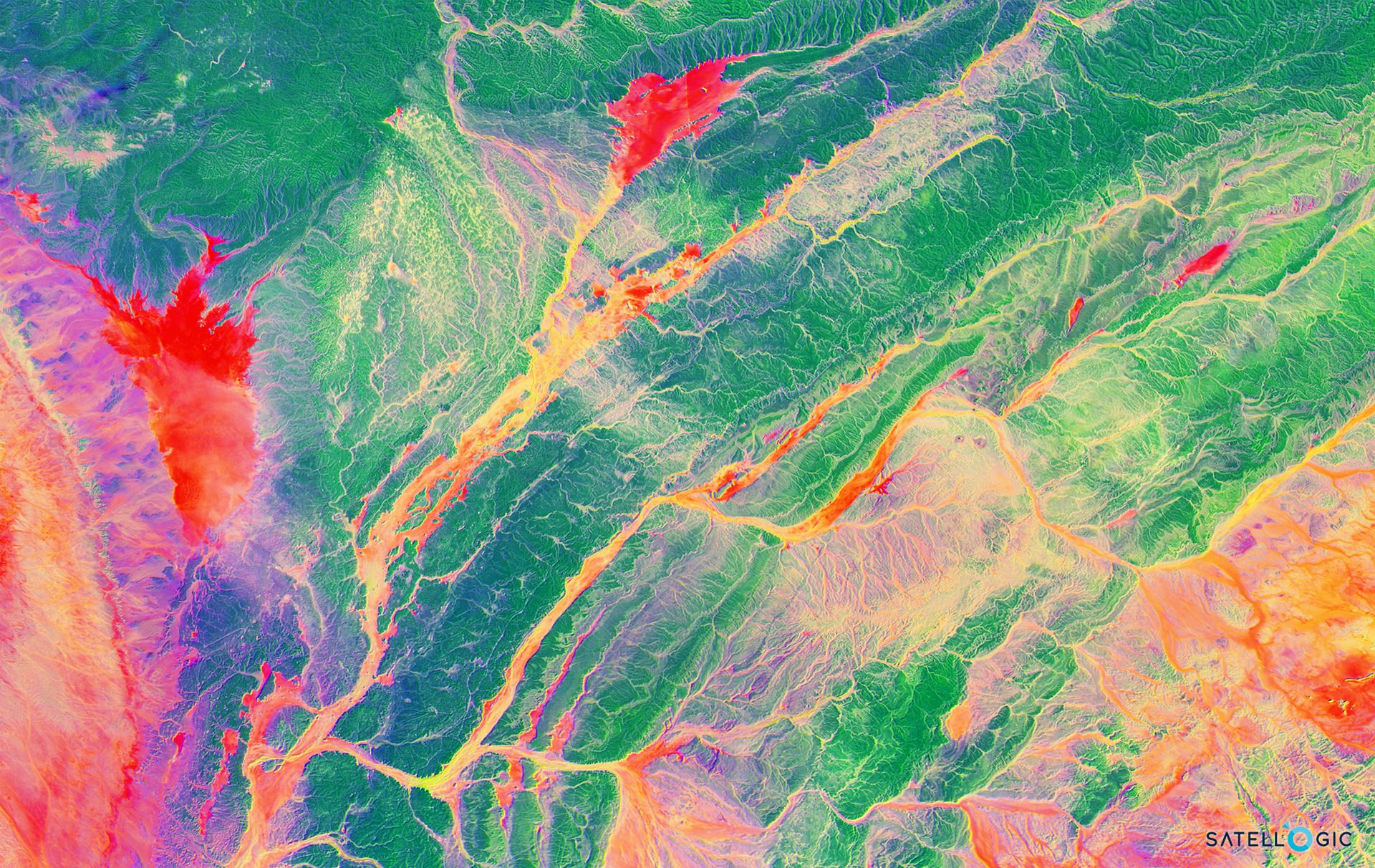 Hyperspectral visualization of the Western Sahara region as captured by Satellogic's Aleph-1 satellite sensor. 